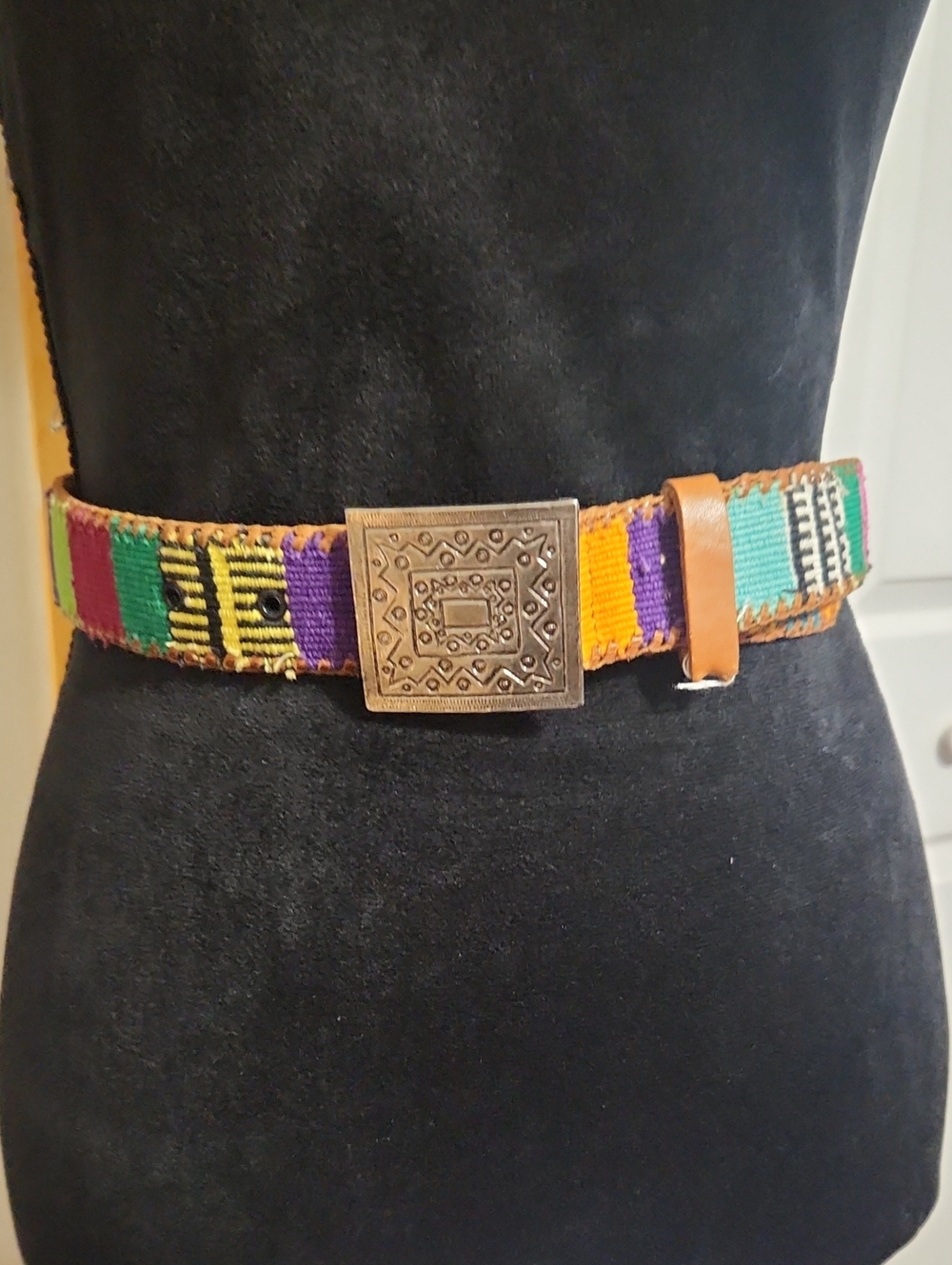Lands' End Southwestern Multicolor Woven Belt with Brass-Tone Embossed Buckle